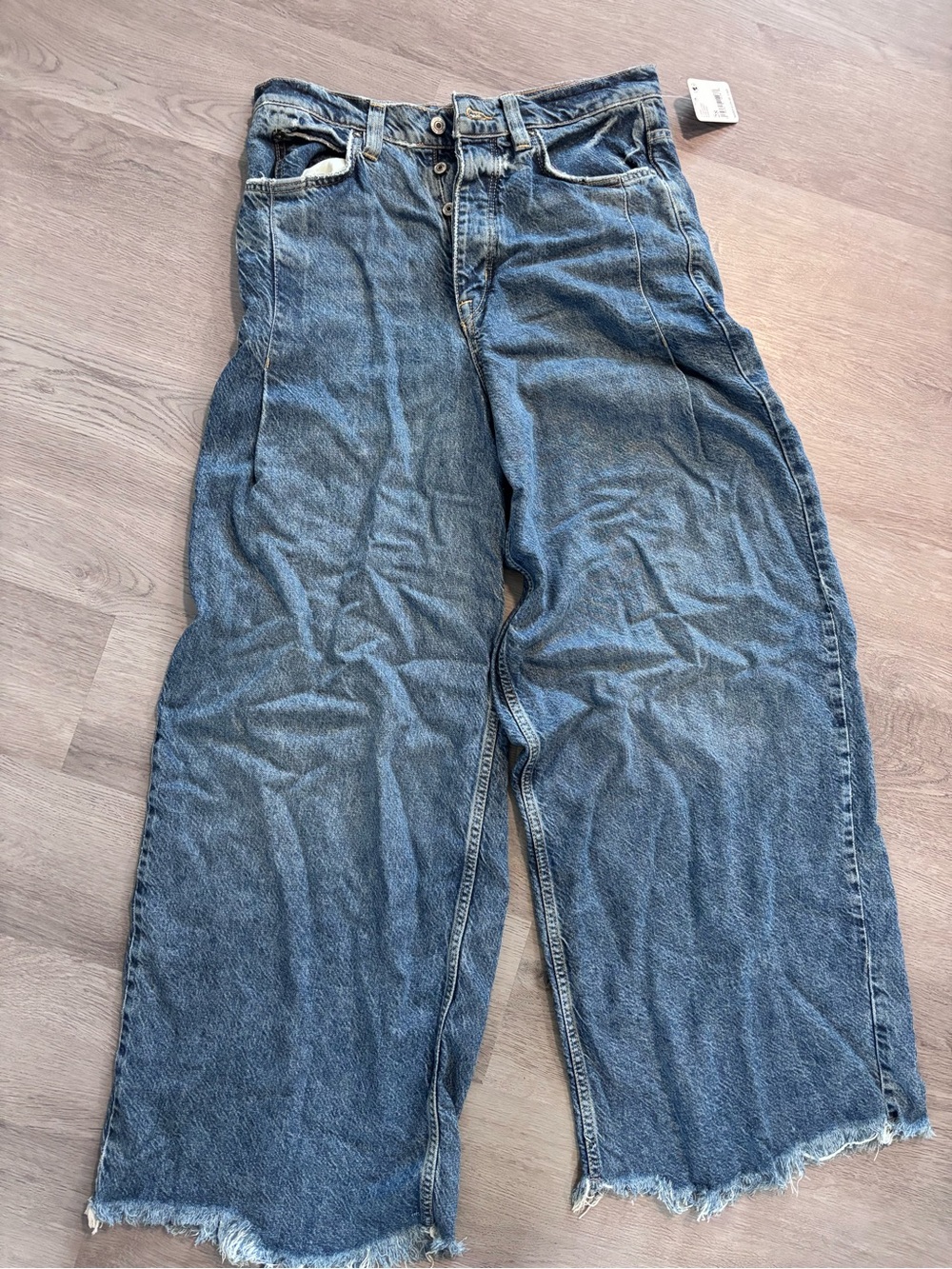 Free People Wide-Leg Distressed Hem Blue Denim Jeans